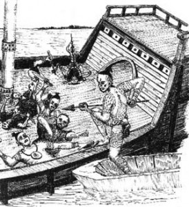 A depiction of Native Americans confronting the crew of a wrecked ship in the Florida Keys. 