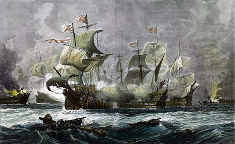 The Battle of Gravelines: Vanguard engages two Spanish galleons