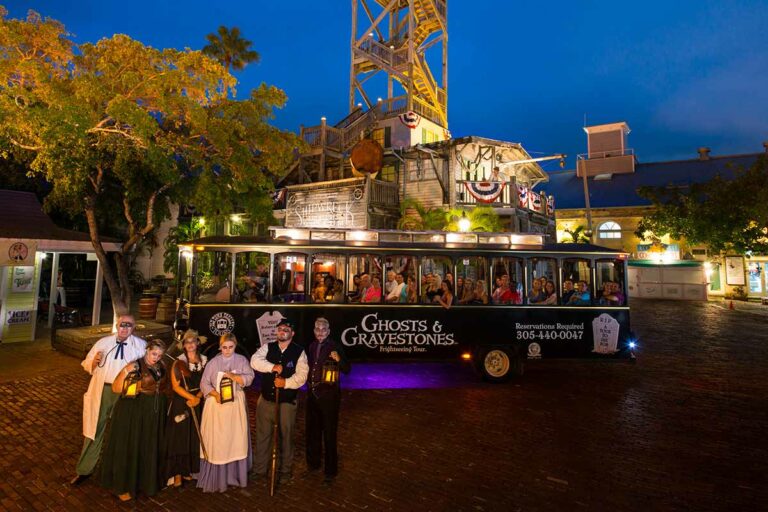 Key West Ghosts & Gravestones trolley in front of shipwreck museum