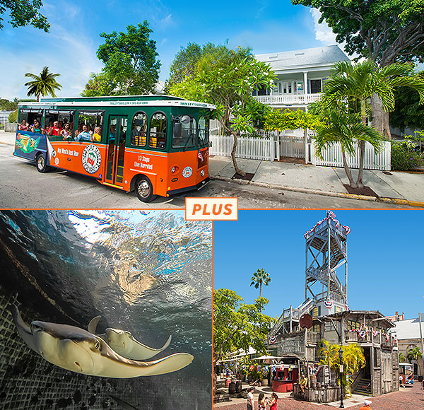 top picture: key west trolley driving past key west house; bottom left picture: two stingrays swimming in tank; bottom right picture: exterior of key west shipwreck museum made of wood with a tall lookout tower