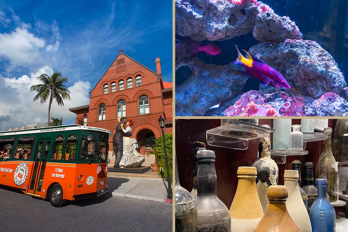 Key West trolley, aquarium fish and shipwreck museum bottles
